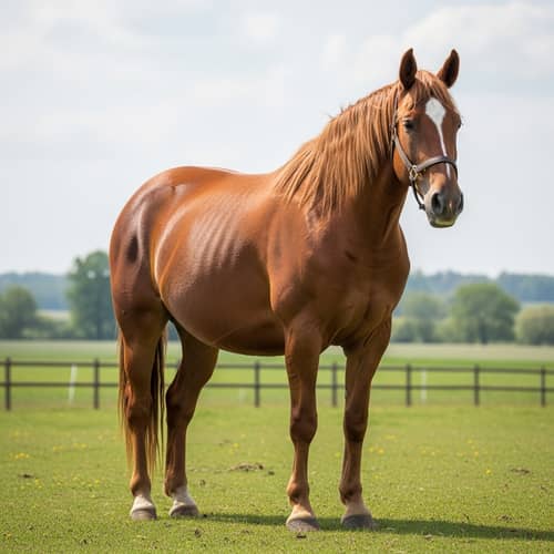 Healthy and Cheerful Horse with Enlarged Belly in Peaceful Field