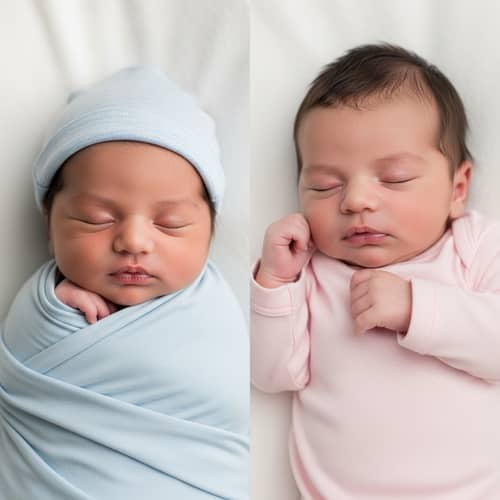 Newborn Babies of South Asian and Hispanic Descent Swaddled in Blue and Pink