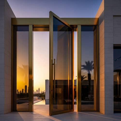 Modern Minimalist Villa Pivot Door in Dubai | Brass & Glass