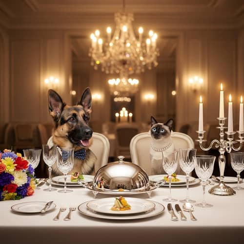 Sophisticated Dog and Cat Dinner Scene at Elegant Dining Table