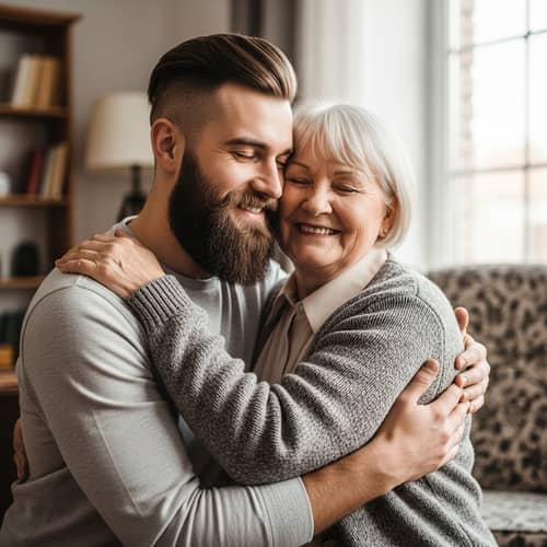 Young Man Hugging Grandmother - Heartwarming Moment