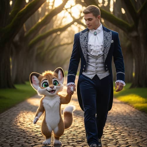 Muscular Man and Furry Creature Holding Hands - Camaraderie Captured