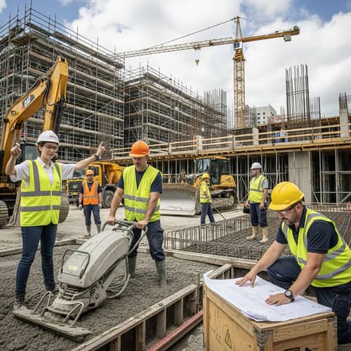 Diverse Industrial Workers on Construction Site | Hard Hats, Machinery
