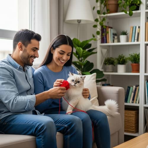 Loving Multicultural Couple Raising Adorable Cat in Cozy Home