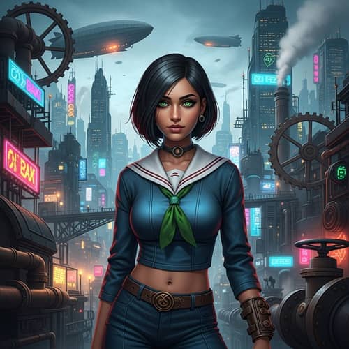 Green-Eyed Silk-Haired Girl in Cyberpunk Steampunk World