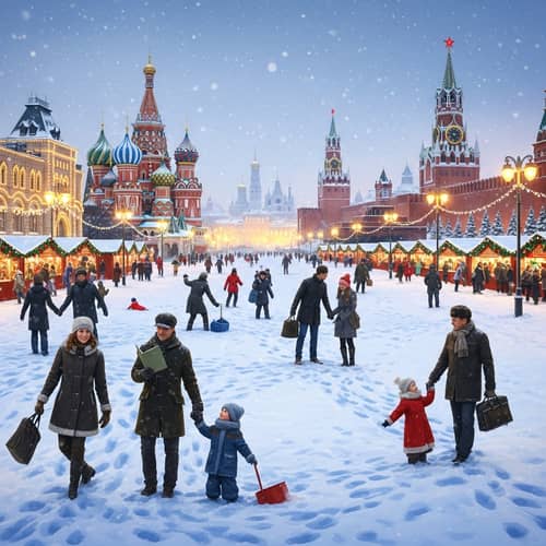 Christmas Holiday Scene in Moscow, Russia - Festive Snowy Cityscape