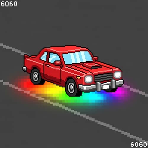 60x60 Pixel Art Red Car with Rainbow Underglow