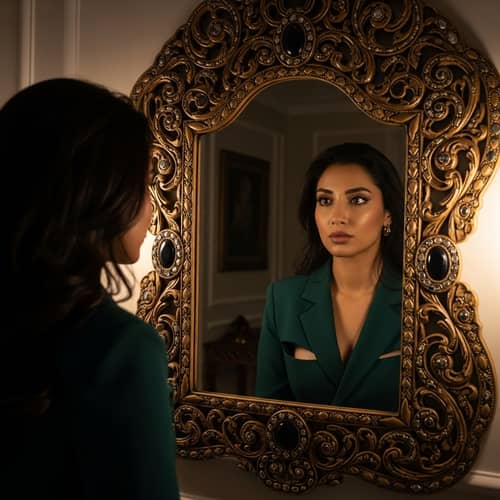 Captivating Middle-Eastern Woman in Trendy Outfit Reflecting in Ornate Mirror