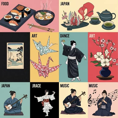 Vibrant Japanese Culture Collage: Food, Art, Dance, Music, Drama