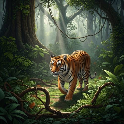 Majestic Tiger Prowling in Lush Jungle - Wildlife Safari Experience