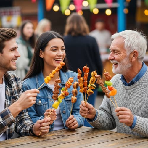 Friends Enjoying Skewer Meal | Dining Together