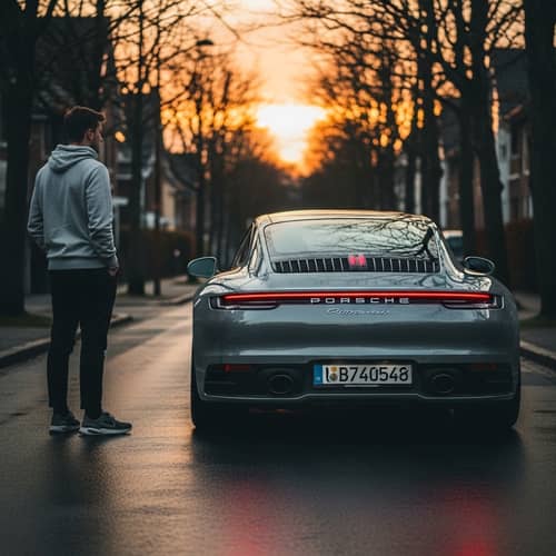 Porsche 911 992 Back View with Stylish Young Man