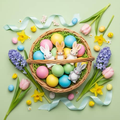 Baby Easter Photography Background with Quaint Basket, Bunnies, and Easter Eggs