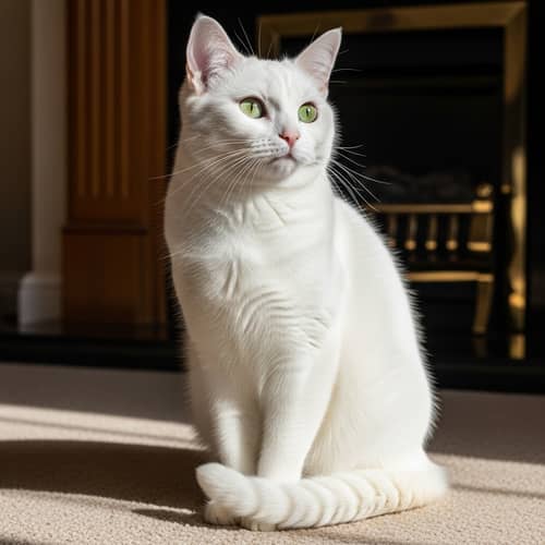 White Cat Sitting with Shining Fur | Cozy Room Background