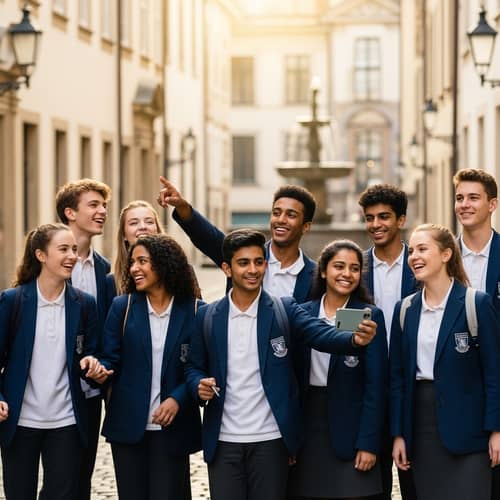 Multicultural School Excursion: Diverse Teen Group Enjoying Local Sights