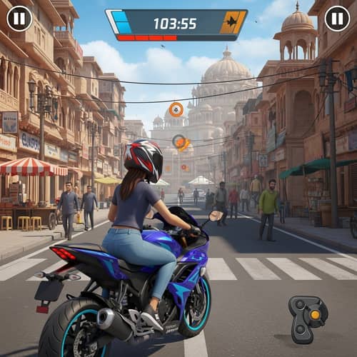 Customizable Female Character Riding Motorbike in Vibrant Indian Game Setting