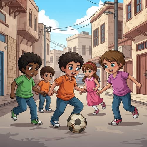 Middle Eastern Children Playing Soccer in Vibrant Street Scene