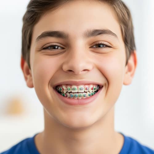 Colorful Braces: Joyful Individual with Bright Orthodontic Brackets