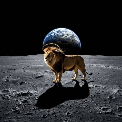 Majestic Lion on Moon: Etherial Scene with Earthlight