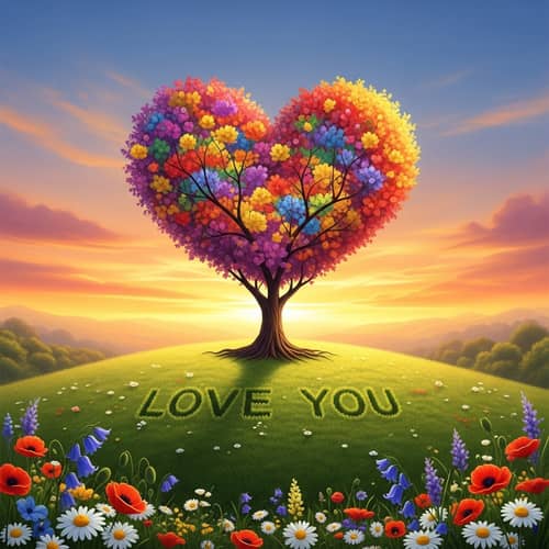Heart-Shaped Tree in Bloom on Sunset Hill