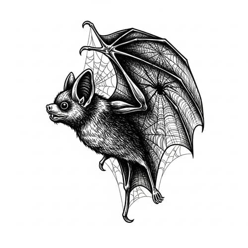 Horror-Style Black and White Bat with Spider Web Wings