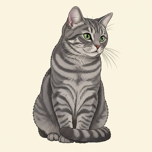 Short-Haired Domestic Cat Illustration | Grey Fur & Green Eyes