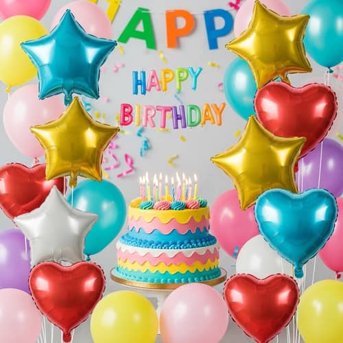 Colorful Birthday Cake & Balloons Celebration