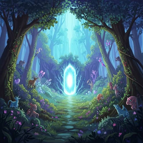 Enchanted Forest with Luminescent Portal and Magical Creatures