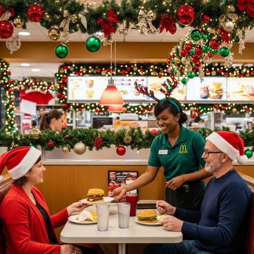 Festive Fast Food Restaurant Decorated for Christmas