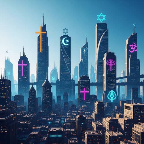 Futuristic Cityscape with Diverse Religious Symbols | Tomorrow's Innovation