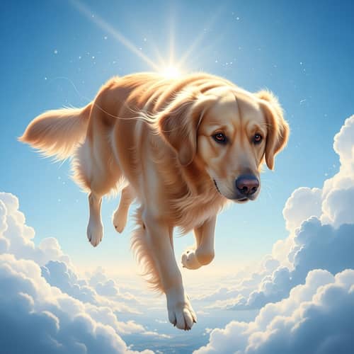 Magical Golden Retriever Levitating in Vibrant Skies