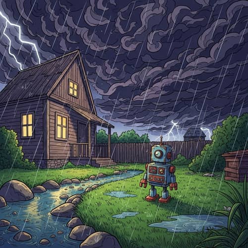Comic Style Backyard Scene with Wooden House and Toy Robot