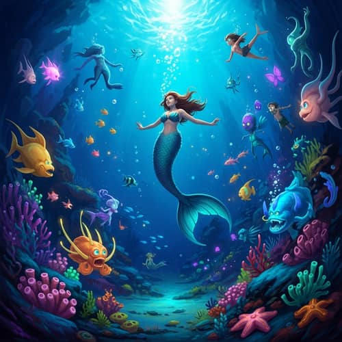 Surreal Underwater Spectacle with Glowing Mermaid and Aquatic Beings