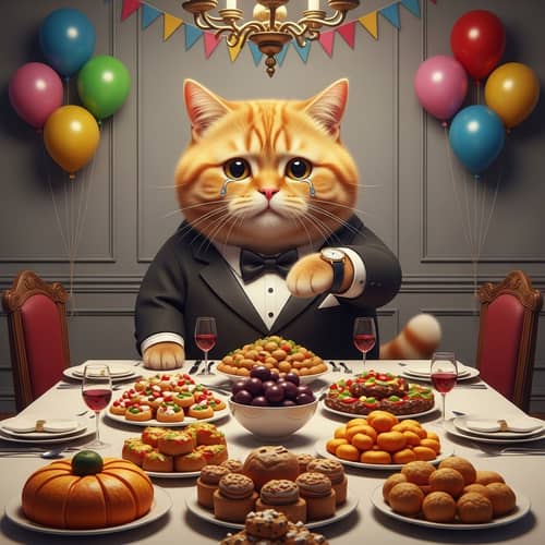 Chubby Orange British Cat in Tuxedo Sitting Alone at Festive Table