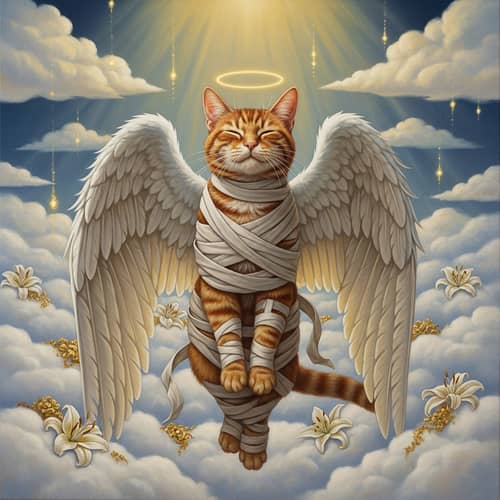 Realistic Red Cat with Angel Wings Painting Canonized in Clouds
