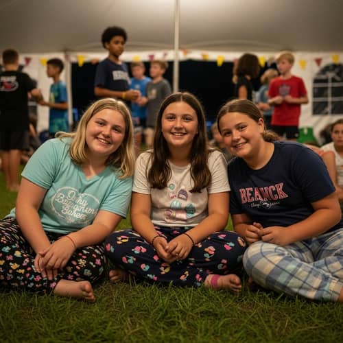 Chubby Caucasian Girls at Night Kids Camp | Camp Fun Activities