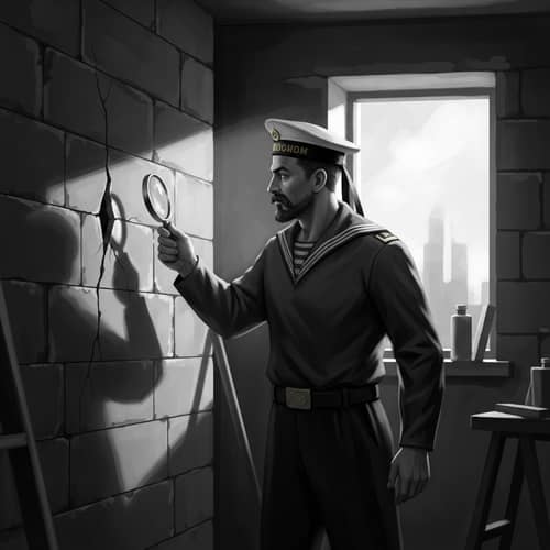 Vintage Black-and-White Poster: Eastern European Builder Inspecting Wall