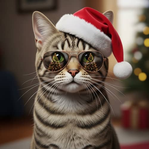 Realistic Cat with Sunglasses and Christmas Hat