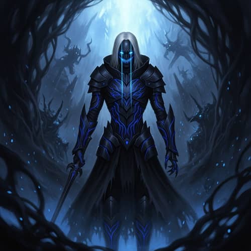 Enigmatic Black Armor Character with Glowing Blue Veins
