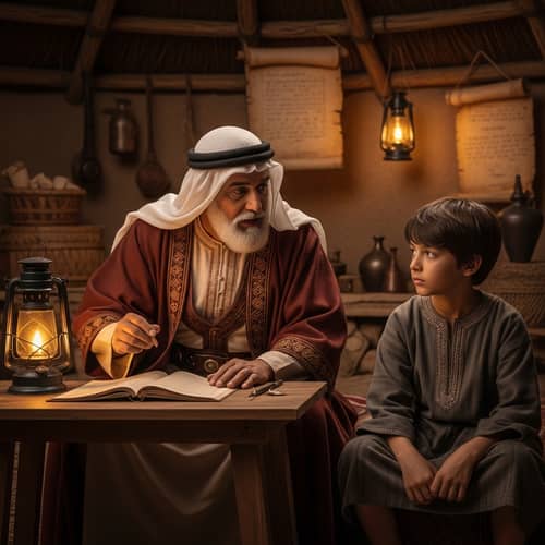 Ancient Sheikh Teaching Boy in Rustic Hut | Middle-Eastern Scene