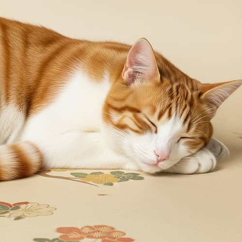 Japanese Vintage Drawing of Orange and White Cat Sleeping