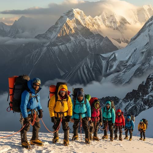 Diverse Mountaineers Climbing Island Peak in Nepal