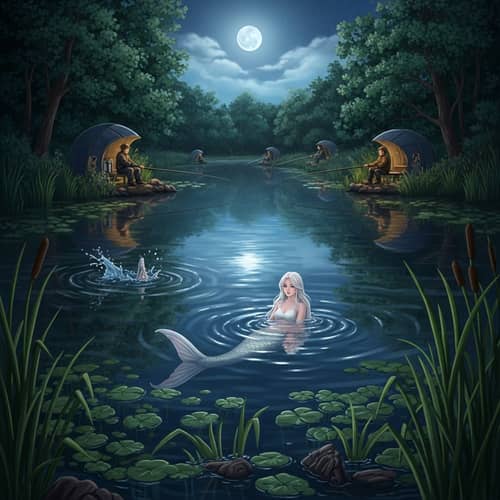 Tranquil Scene of a Moonlit Lake with White Mermaid