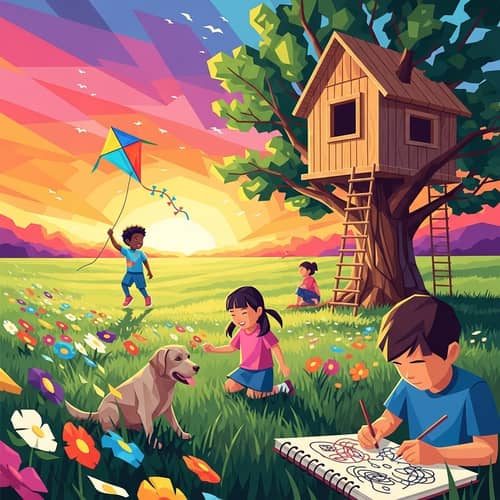 Captivating Childhood Memory: Sunset, Treehouse, and Diverse Group of Children