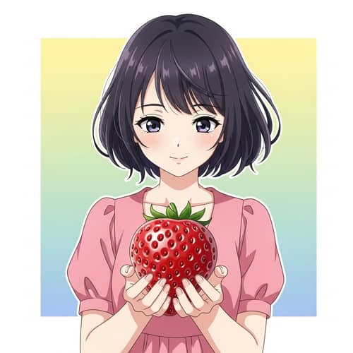 Anime Style Girl in Pink Dress Holding Ripe Strawberry