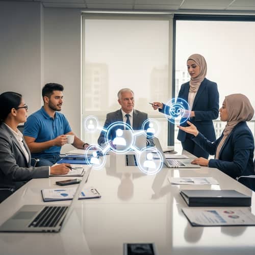 Modern Corporate Office Meeting with Holographic Circles