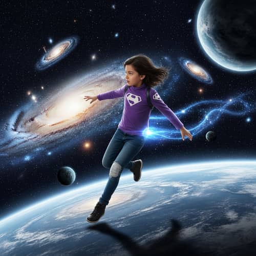 Courageous Girl Travelling Through Cosmos with Superpower