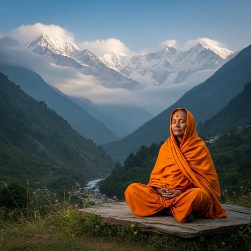Tranquil Buddhist Spiritual Leader Meditating in the Himalayas