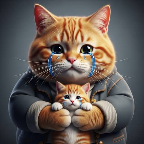 Realistic Photo of Crying Red-Haired Cat and Kitten in Life-Like Attire