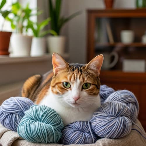 Beautiful House Cat Nestled in Woolen Yarn Basket